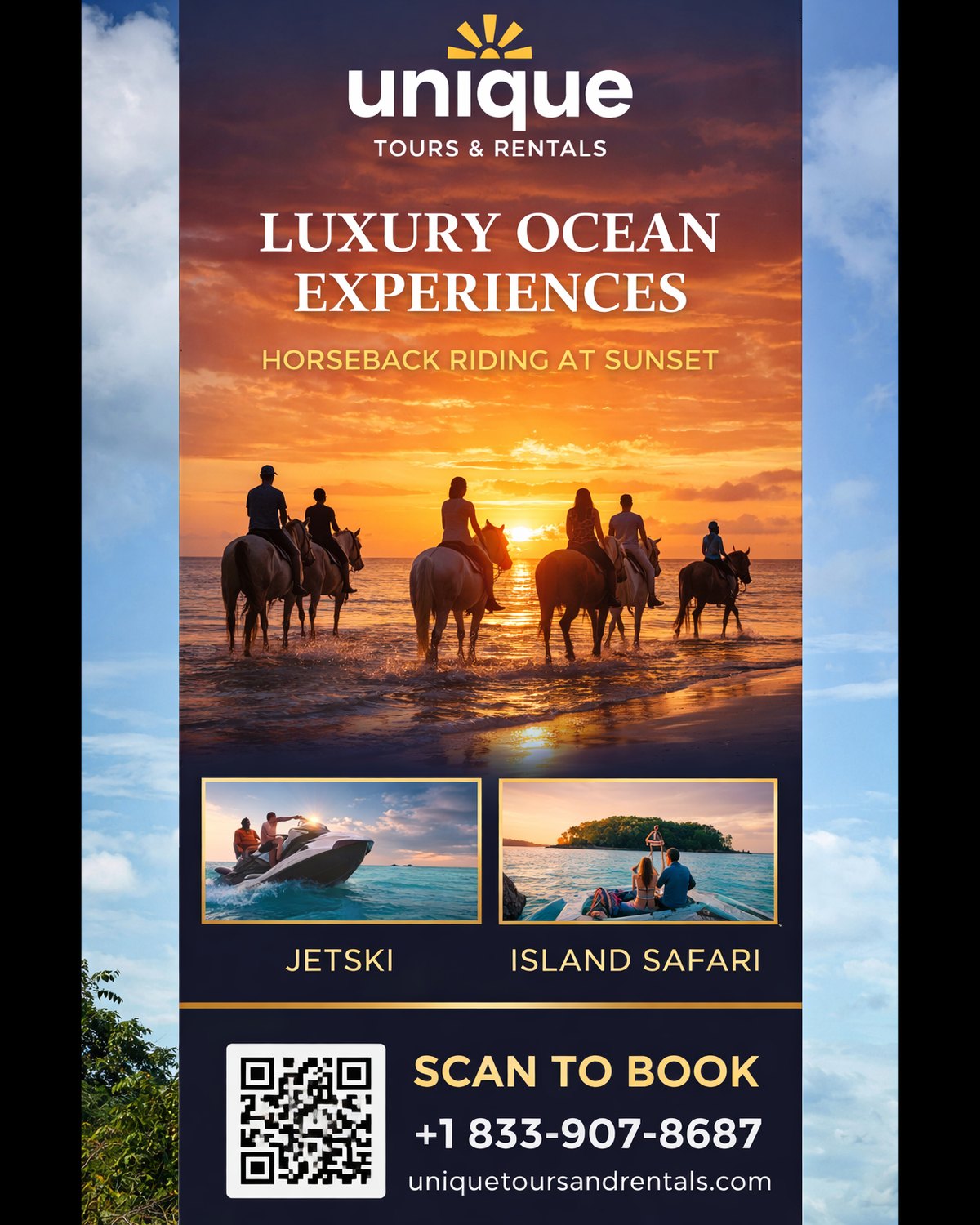 Tour brand collateral art-directed by KiX for Unique Tours & Rentals